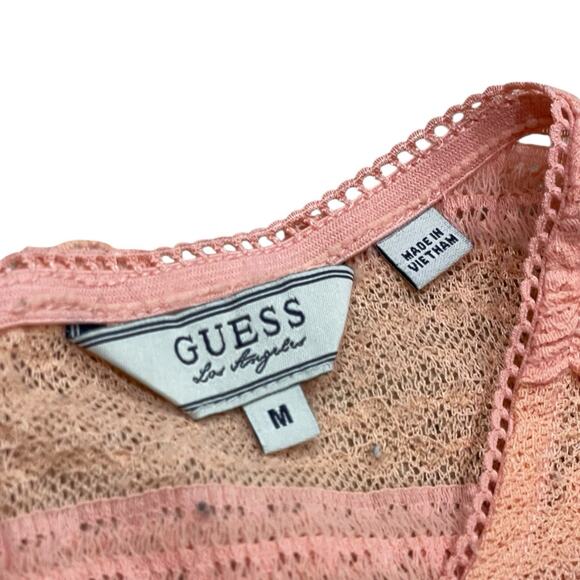 GUESS Y2K Top Peach Fitted Mesh Lace Sheer Sz M Romantic Coquette Blouse Stretch - Picture 2 of 8